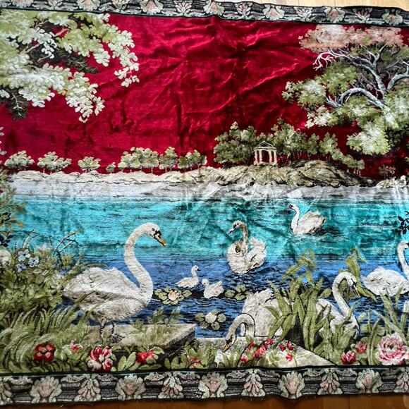 Vintage Ornate Swan Lake Floral Bird Tapestry 46”x68” Moroccan - Picture 3 of 8